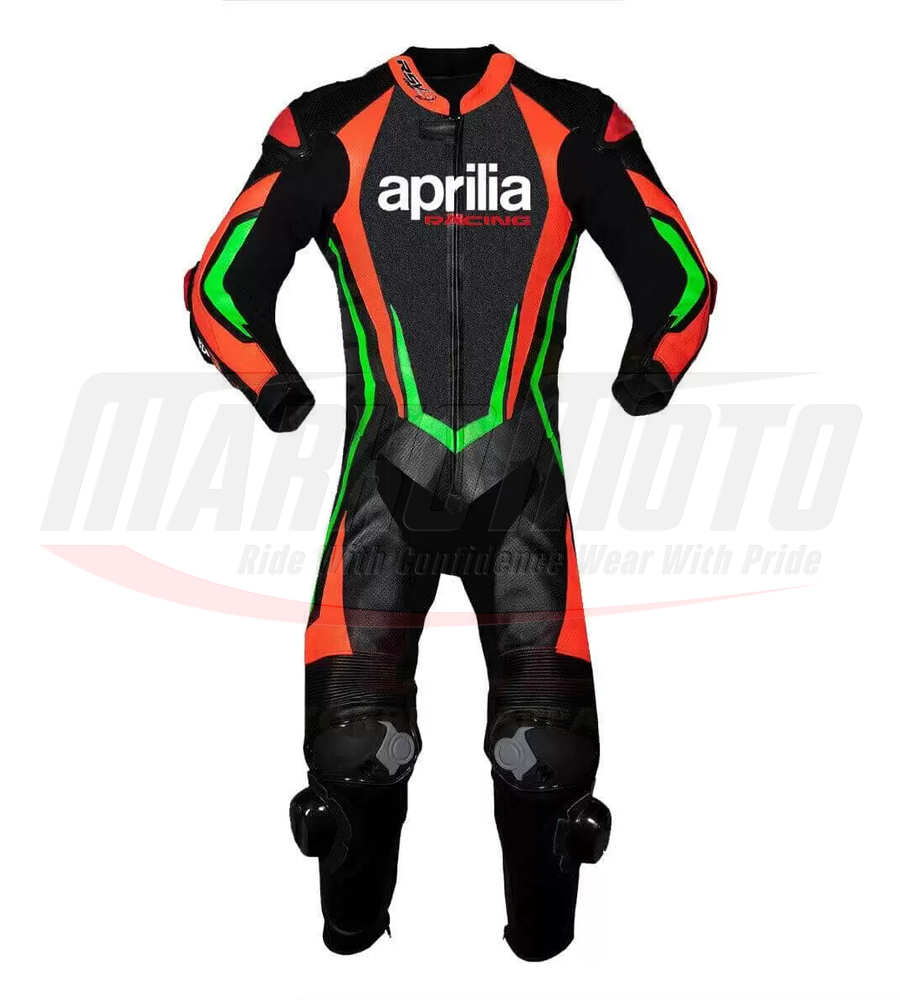 Aprilia Motorcycle Racing Black and Orange Leather Suit 1pcs & 2pcs