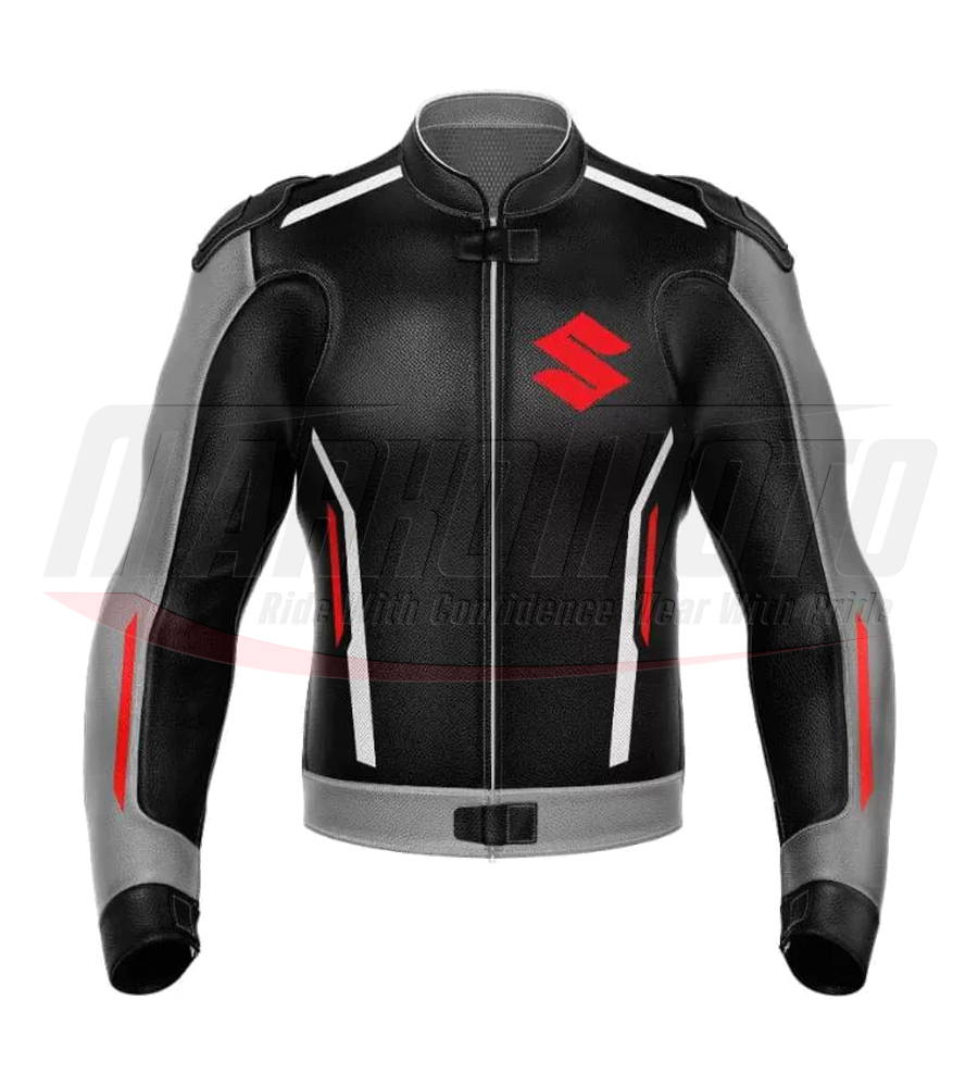 Black Gray Suzuki Motorcycle Racing Leather Jacket