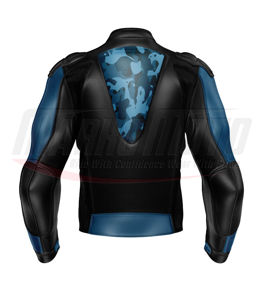 Blue Camouflage Motorbike Racing Leather Jacket for Men & Women