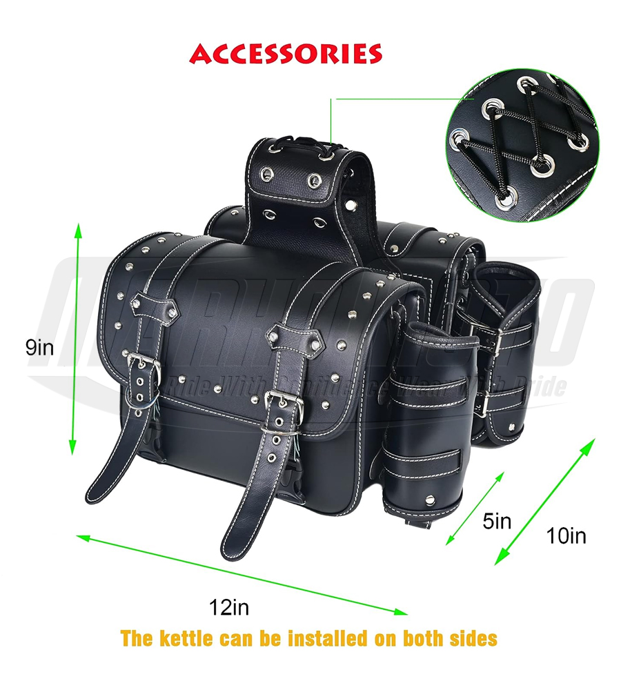 Black Real Leather Motorcycle Saddle bags | Throw Over Saddle bags | Panniers Side Bags with cup holder | Waterproof Side Tool Bag Storage Tool Bag for Motorbike Universall,1Pair