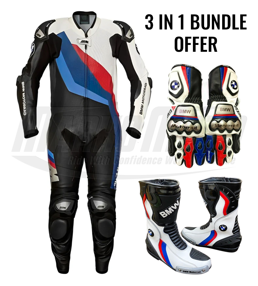 BMW Motorrad Biker Cowhide and Kangaroo Leather Racing Suit 1pcs & 2pcs, BMW Racing Gloves, BMW Racing Boots For Men and Women 3 in 1 Package