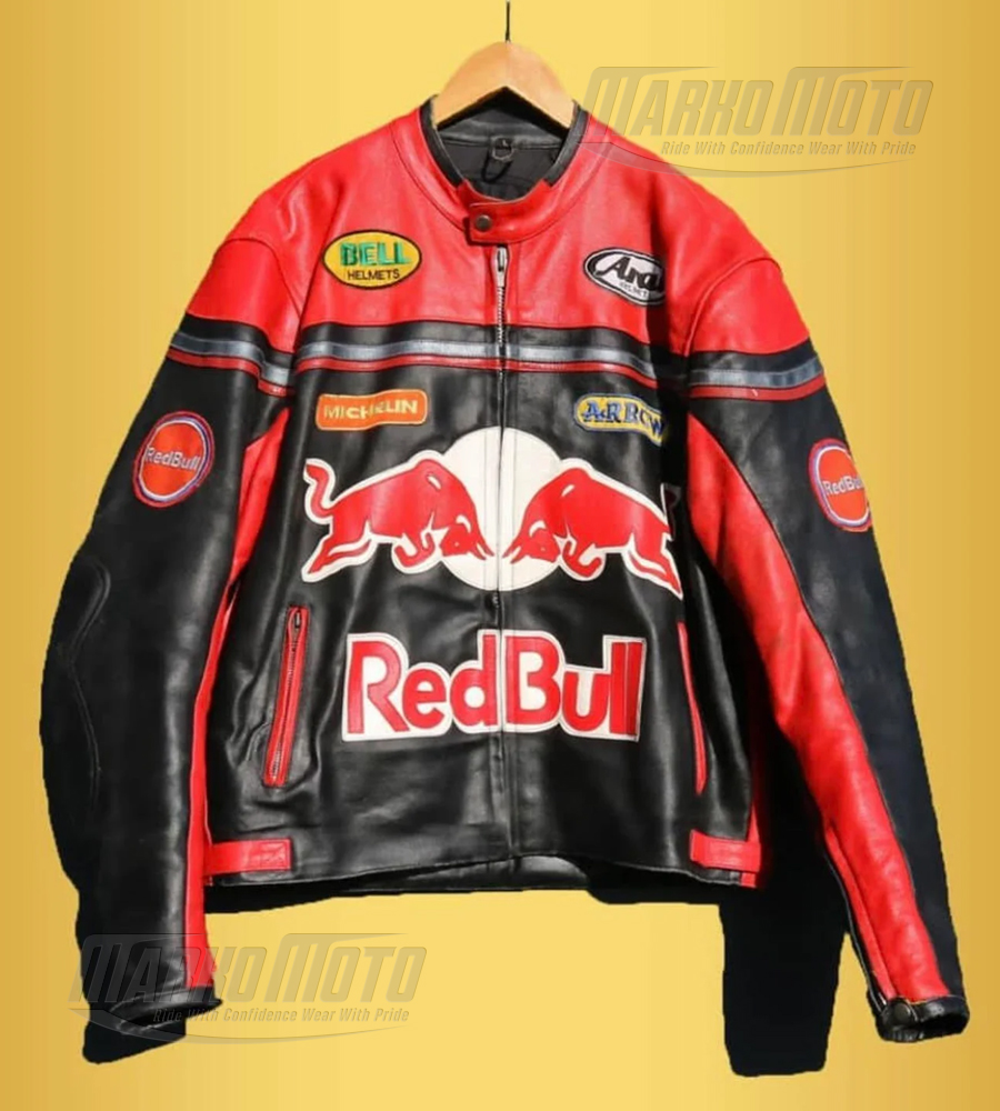 Motorcycle Red Bull Fashion Riding Jacket Kangaroo and Cowhide Leather Jacket