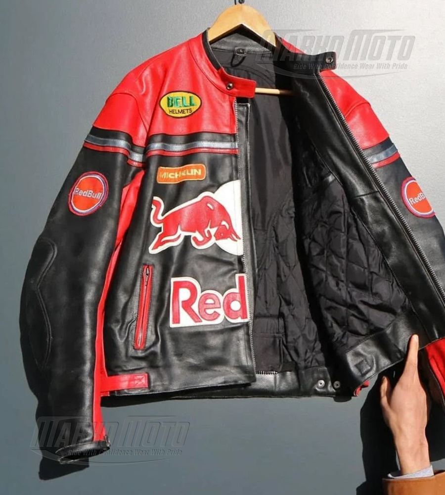 Motorcycle Red Bull Fashion Riding Jacket Kangaroo and Cowhide Leather Jacket