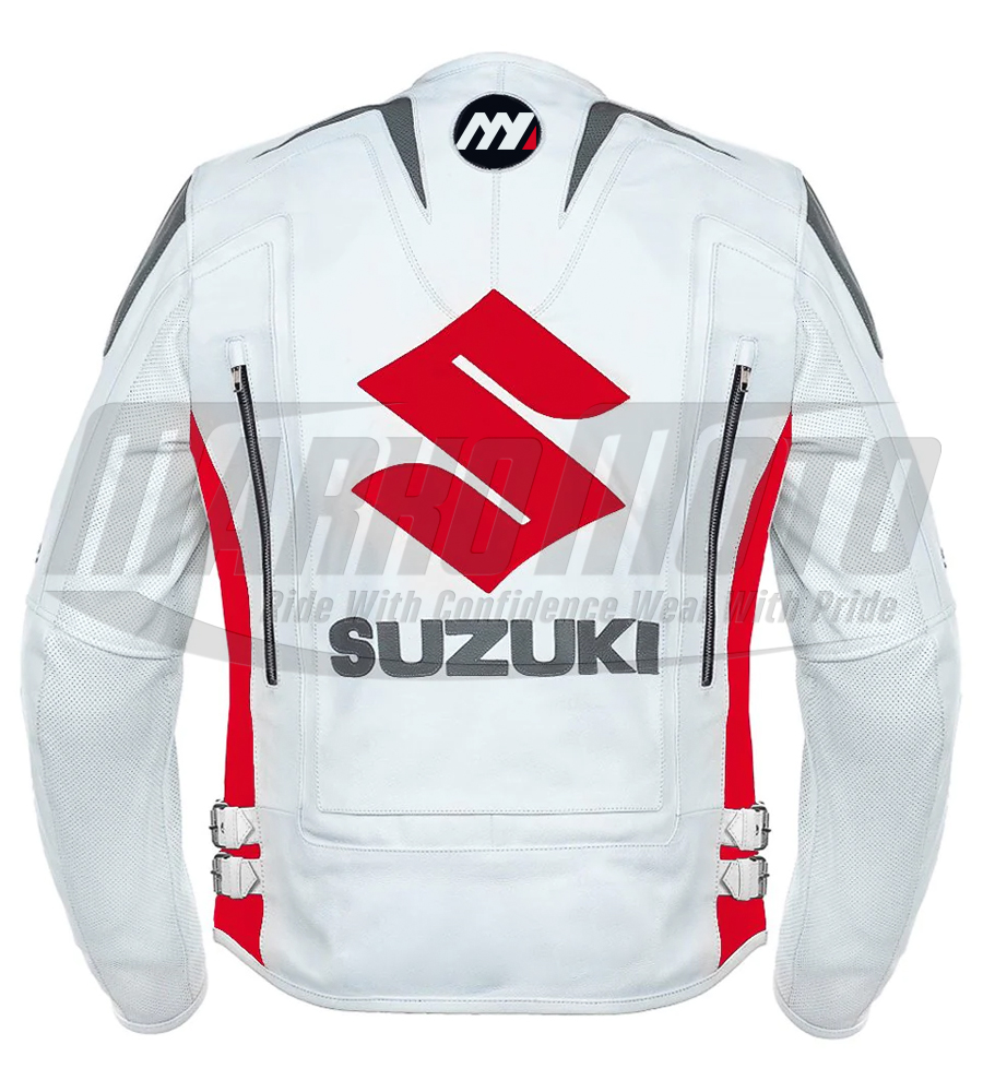 Suzuki White and Red Motorcycle Cowhide & Kangaroo Leather Racing Jacket