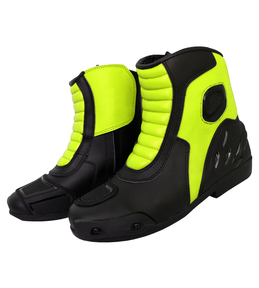 Motorcycle Sports Short Black and Hiviz Green Boots Motorbike Leather Adventure Ankle Racing Shoes
