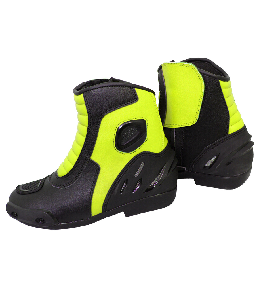 Motorcycle Sports Short Black and Hiviz Green Boots Motorbike Leather Adventure Ankle Racing Shoes