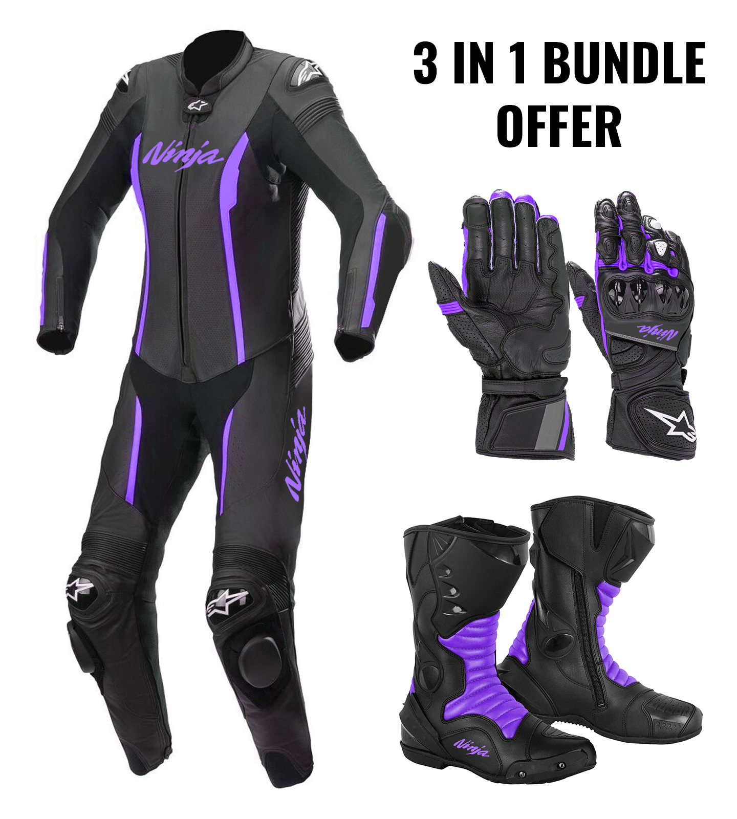 Kawasaki Ninja Purple Racing Gloves, Boots and Suits 1pcs & 2pcs for Men and Women 3 In 1 Package